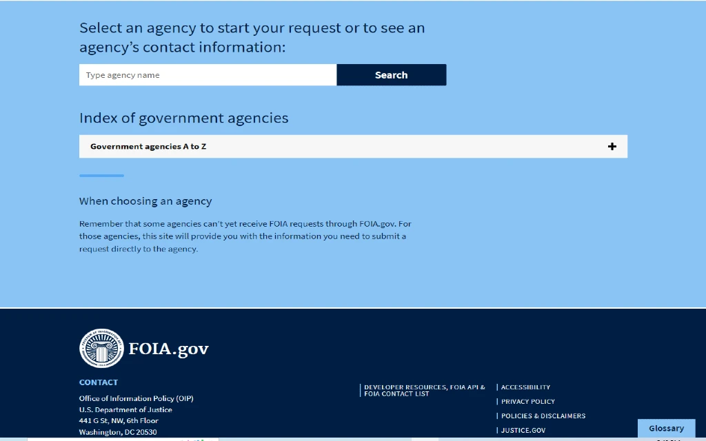 Screenshot showing index of government agencies people can request public records from due to the freedom of information act including free North Dakota divorce records, marriage records, vital records, court records, criminal records, and more..
