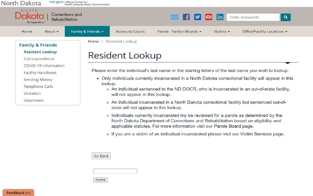 Screenshot of resident look up feature for people incarcerated in North Dakota Corrections and Rehabilitation system to see free North Dakota warrant search and criminal records information.