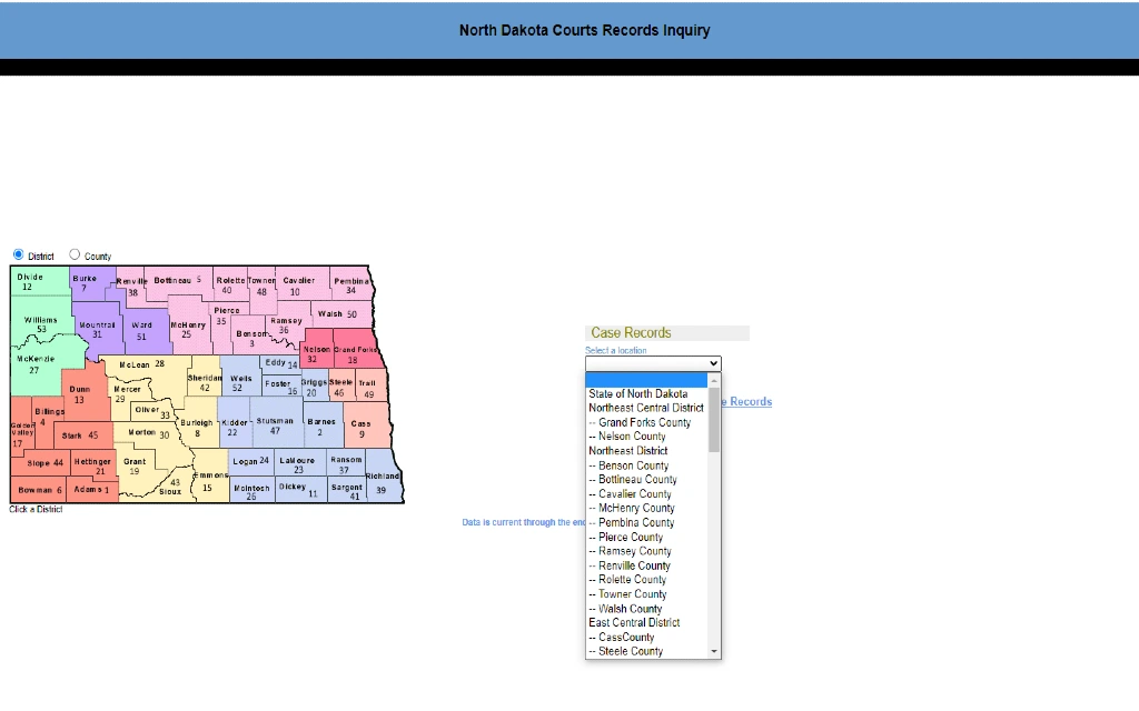 Graphical list of North Dakota counties where court records can be retrieved from directly.