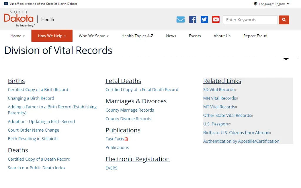 ND Division of Vital Records office resource page to submit free North Dakota divorce records request, birth certificate request, death record request, and marriage records request.