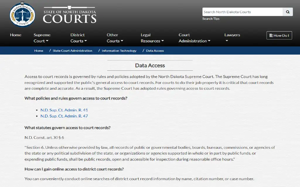 Screenshot showing State of North Dakota courts allow public access to see free marriage records in North Dakota and other court records as part of N.D. Sup. Ct. Admin. R. 47 Laws.