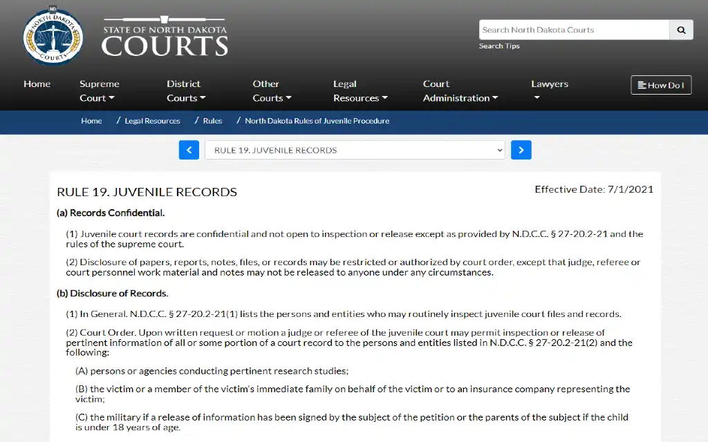 Screenshot of North Dakota Court Rule 19.showing juvenile records are private information or closed records.