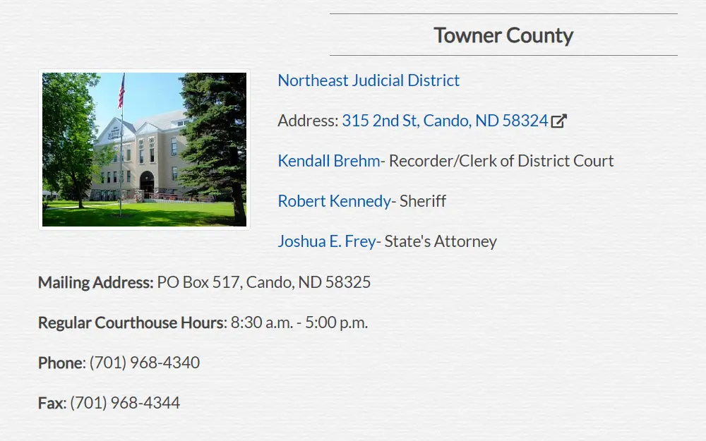 A screenshot of a district court details which includes courthouse address, mailing address, fax number, hours of operation, phone number, and relevant judicial district.
