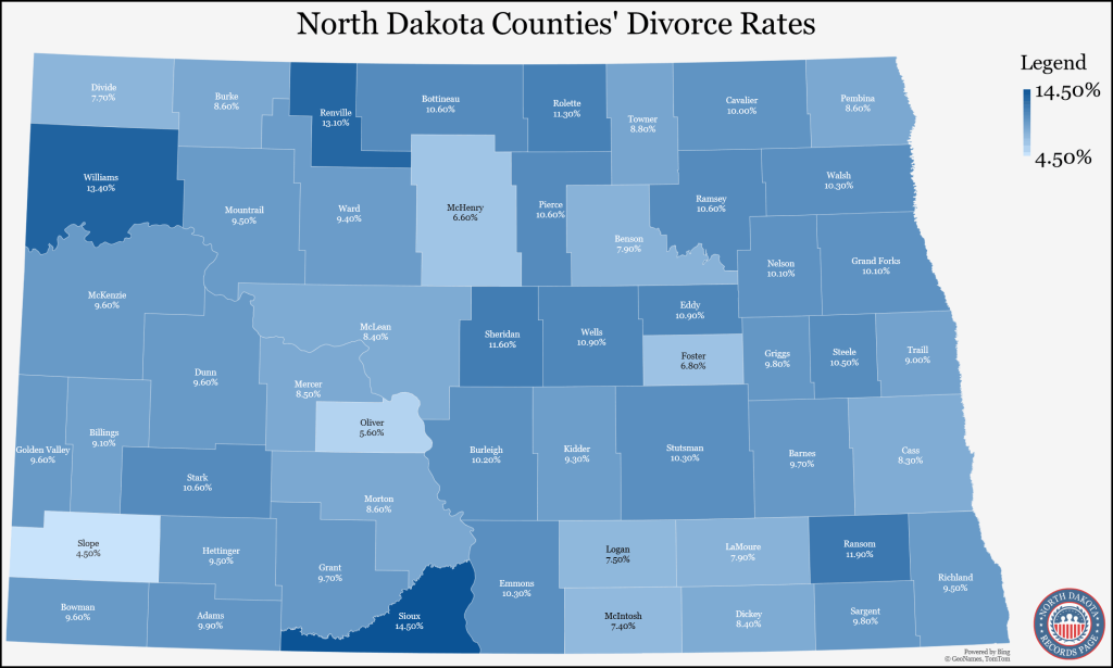 An image showing the map of North Dakota divided into its counties with divorce population data (5-year estimates in 2021) provided by the U.S. Census Bureau. 
