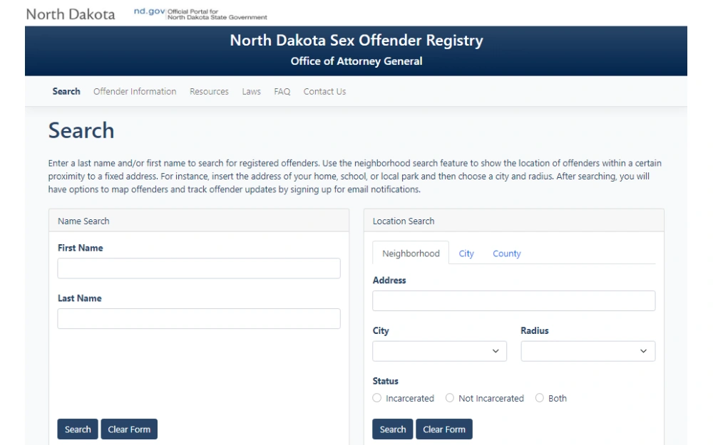 An image of the ND sex offender registry website with a Name or Location search feature choices.