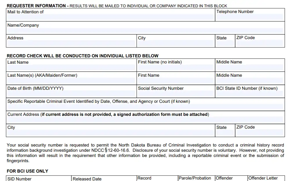A screenshot of SFN 50744 form which individuals use to request a criminal history record check through the North Dakota Office of the Attorney General’s Bureau of Criminal Investigation (BCI), which allows for either name based or fingerprint based searches.