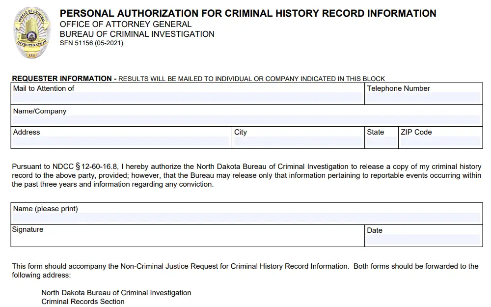 A screenshot of the SFN 51156 form, which an individual can use to request someone else’s criminal records.