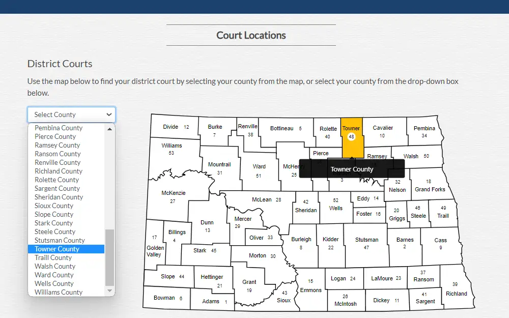 A screenshot of the State of North Dakota District Court Locations webpage to search for any county’s District court information by selecting the relevant county on the map or choosing it from the drop down list.
