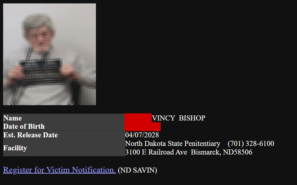 A screenshot of an inmate's information which includes the individual's full name, date of birth, estimated release date, current facility name and address, as well as the subject's mugshot.