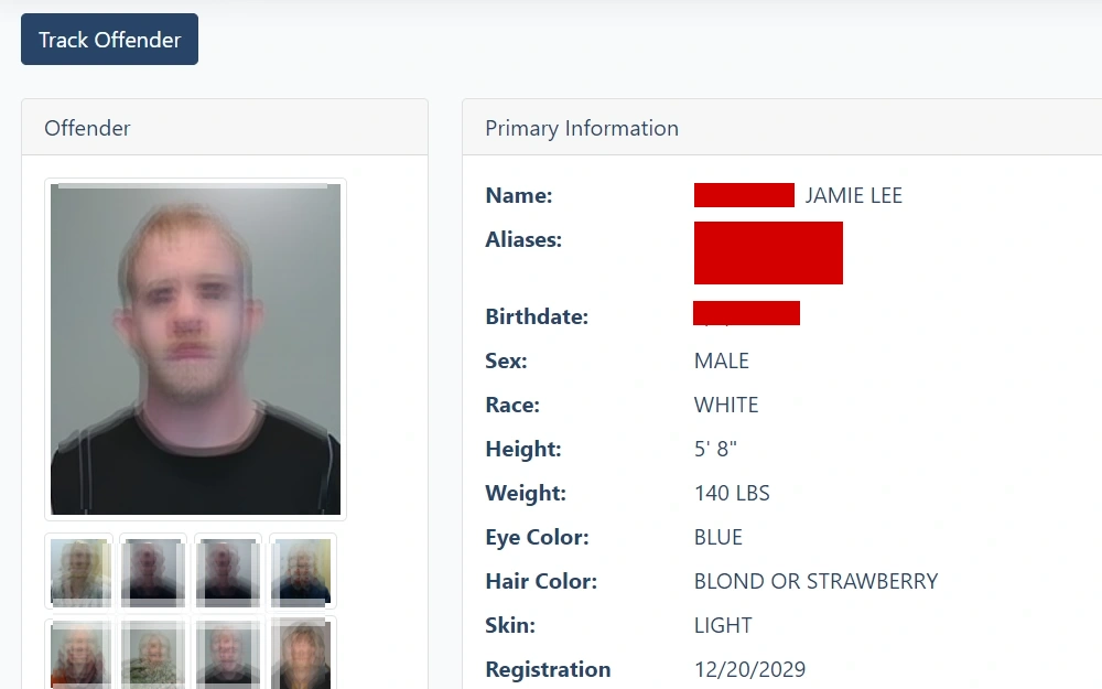 A screenshot of a sex offender's information from the North Dakota sex offender registry includes name, aliases, birthdate, sex, race, height, weight, eye color, hair color, registration, etc.