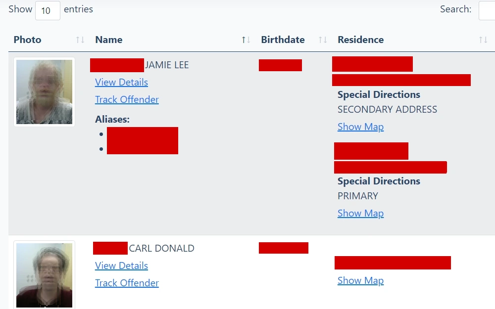 A screenshot of the North Dakota Sex Offender Registry search tool which is available to members of the public who want to be aware of any risks or prior offenders in their neighborhood or city.