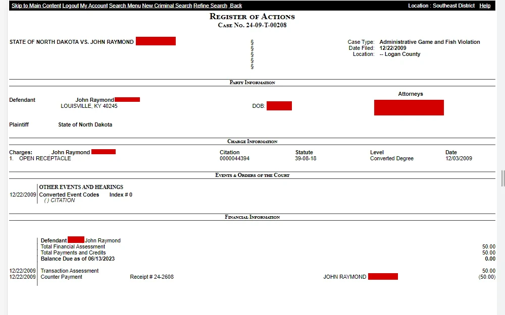 A screenshot of the register of actions from the criminal record case search tool which include the subject’s first and last name, date filed, case status, or case type.
