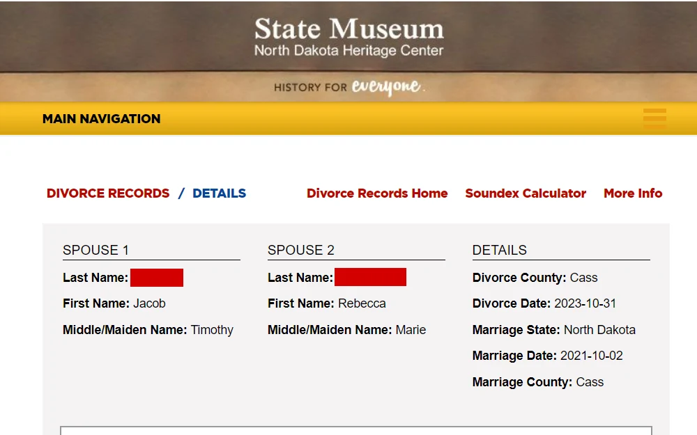 A screenshot of the search tool that works well when only the names of the spouses are known (and even when only one name is known) and gives information about which county handled the case.