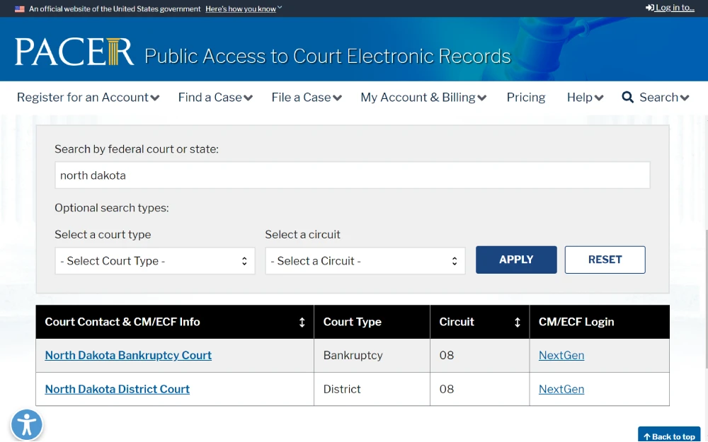 A screenshot of the court lookup search results by federal court or state showing the court contact information, court type, circuit, and CM/ECF login details.