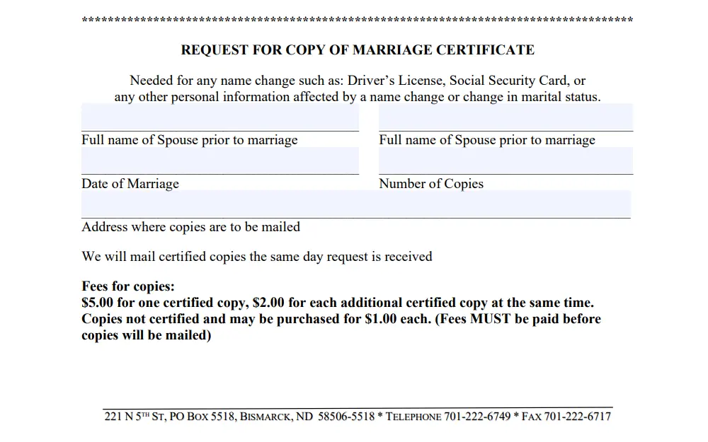 An application form for marriage certificate copy requests, prompting the requester to provide details such as full names of spouses before marriage, date of marriage, and number of copies.