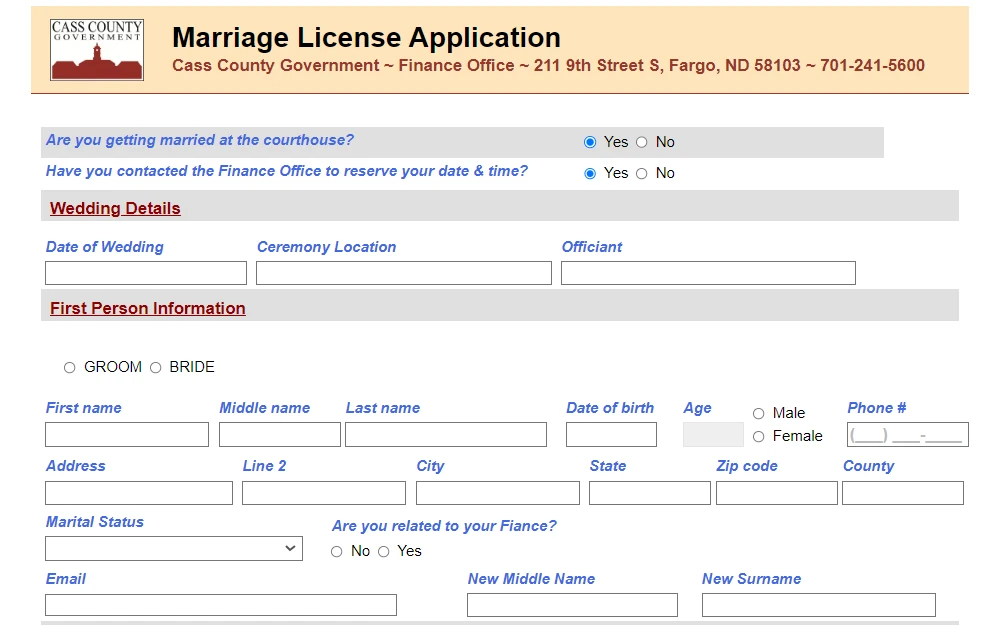The online marriage application form from Cass County displaying the first two sections about wedding details, including wedding date, place, and officiant, and information about the first person such as old and new names, age, birthday, sex, contact information, address, marital status, and options whether the information belongs to the groom or bride.