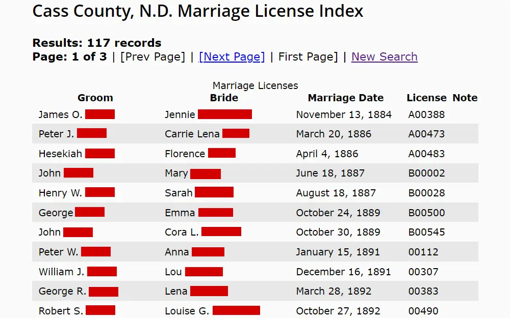 A screenshot of the index search results for marriage licenses from the archives of North Dakota State University, listing the names of both parties, marriage dates, and license notes.