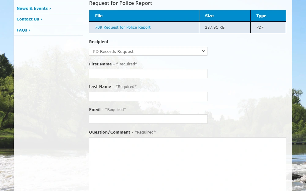 A screenshot from the police department of Fargo City, showing a table containing the download link for the pdf request form to be submitted online, the file size, and file type, followed by the fields of the police reports online request form for recipient, name, email, and question or comment.