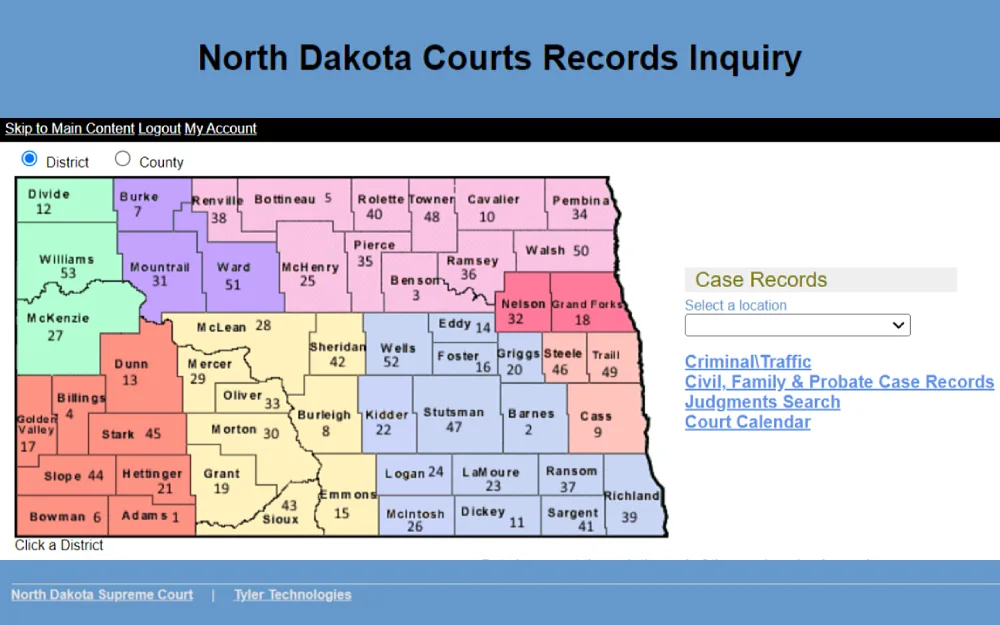 A screenshot displaying a North Dakota Courts record inquiry with the option to select a location to a drop-down box, menu filters such as criminal or traffic, civil, family and probate case records, judgment search, and court calendar.