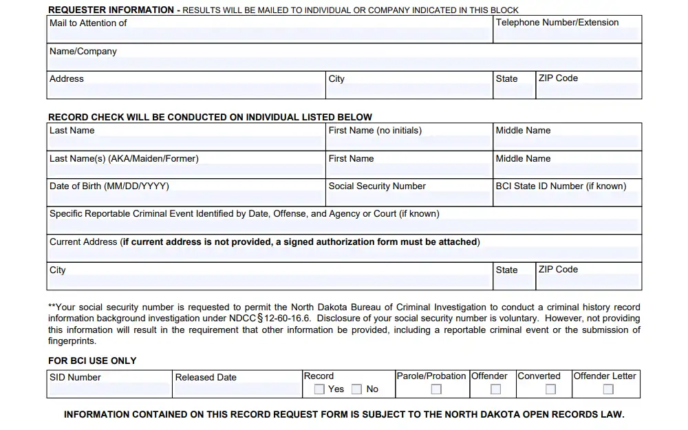 Screenshot of the fillable part of the form for criminal history record information request, showing the three sections including requestor's information, record details, and the details to be provided only by the Bureau Of Criminal Investigation.