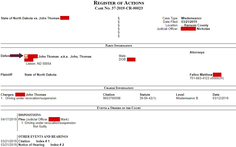 Screenshot of a case register of actions emphasizing the presence of the warrant icon with an arrow and displaying the case overview including party information, charge information, and events and orders of the court.