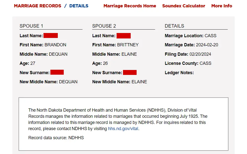 A screenshot of a marriage record detail from the search results of the North Dakota Heritage Center & State Museum tool, displaying the old and new names of both spouses and the details of marriage together with a reminder about the records.