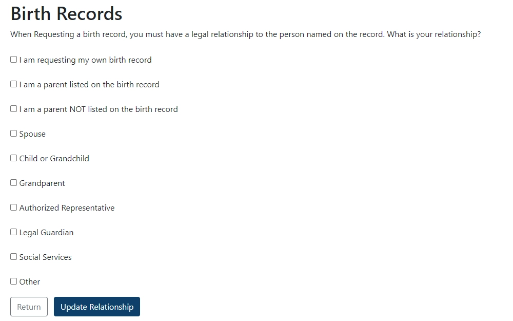A screenshot of the second page of the online order form for birth records asks for the relationship of the requester to the person on record through a list of options.