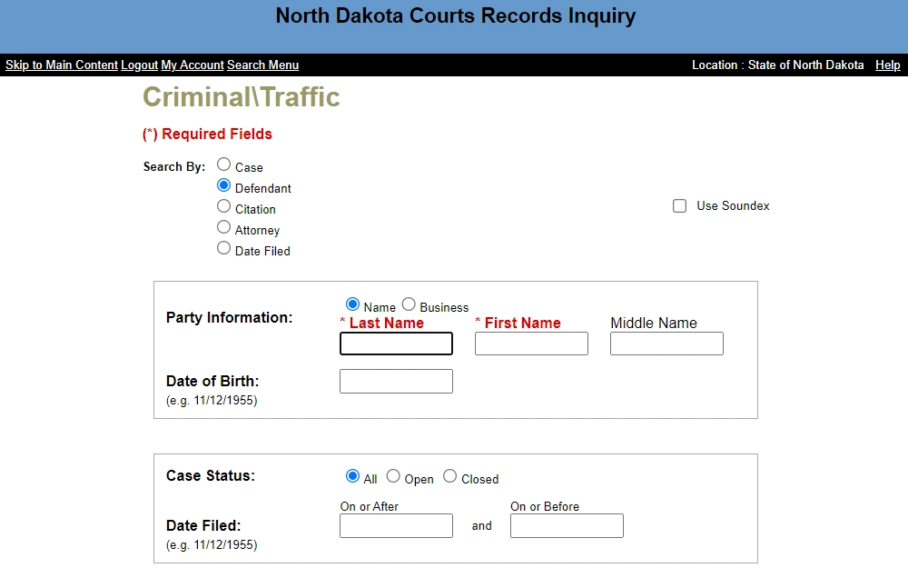 A screenshot from the website of North Dakota Courts displays the records inquiry for criminal and traffic cases with an option about the type of search and fields provided for party information and case status.