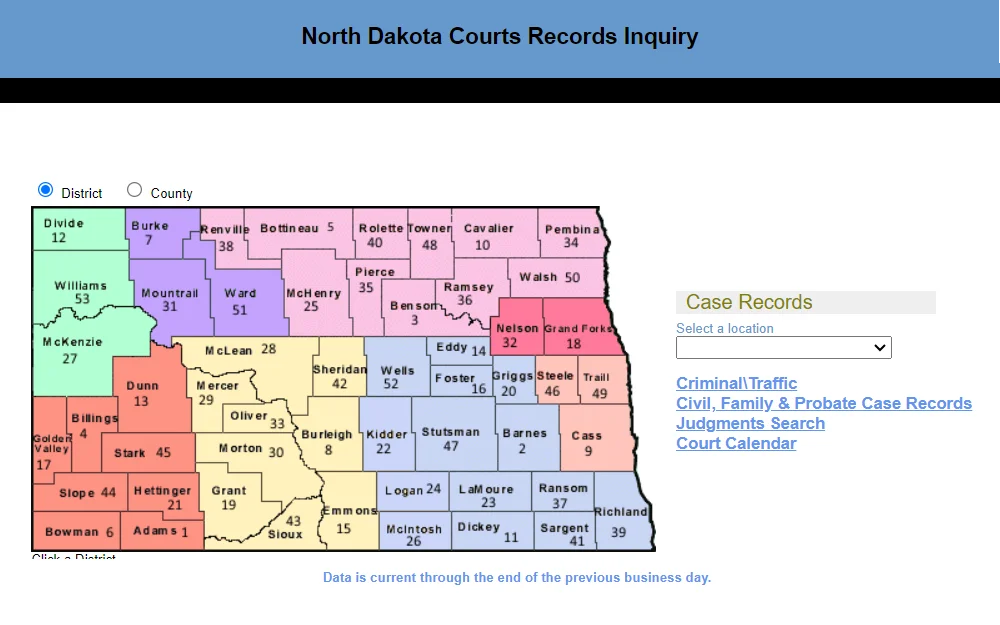 A screenshot from North Dakota's record inquiry website displays the state map divided by districts, a drop-down menu for court locations, and links that direct to the search feature by court type.