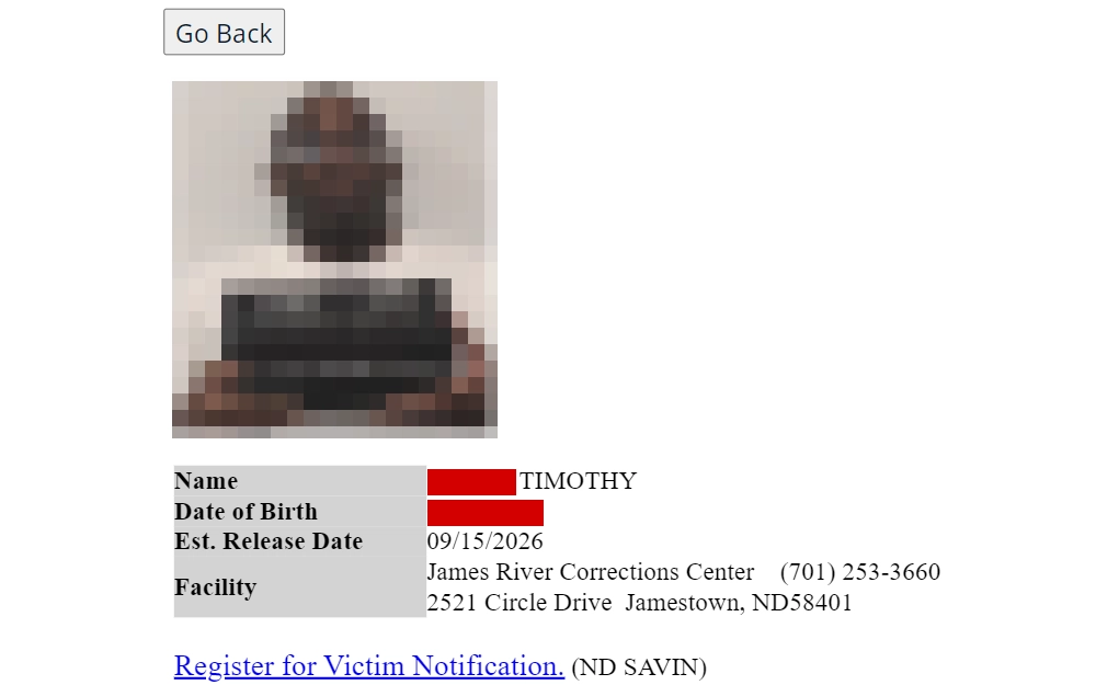 A screenshot of a resident's information from the lookup tool of the North Dakota Department of Corrections and Rehabilitation displays the offender's mugshot, name, date of birth, estimated release date, facility, and a link to the victim notification registration.