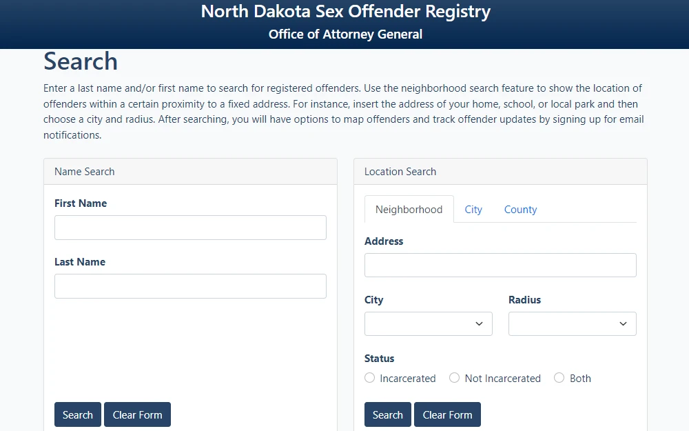 An image of the North Dakota sex offender registry website with a Name or Location search feature options.