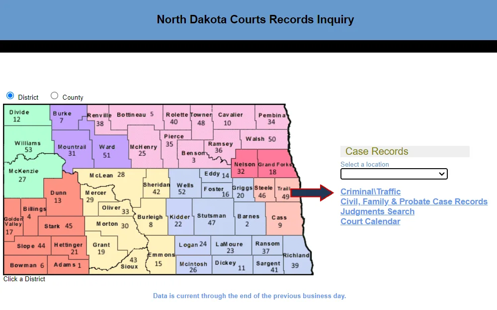 A screenshot of the North Dakota Courts Records Inquiry tool displays the state map divided into districts with a drop-down menu for location and options for search type, with criminal cases being emphasized by an arrow.
